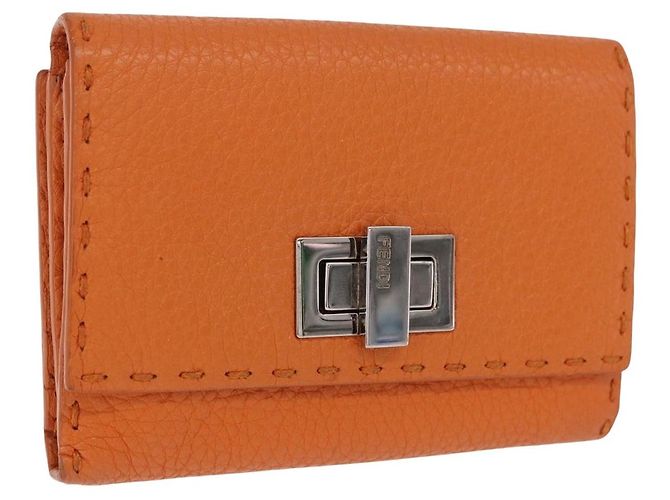 FENDI Celeria Wallet Leather Orange Silver Auth 194243A