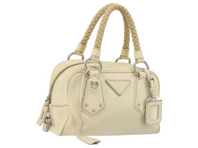 Bolso de mano PRADA de cuero Ivory Silver Auth 195183 Plata Crudo