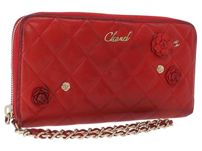 Portafoglio lungo CHANEL Matelasse Camelia in pelle d'agnello rosso e oro CC Auth bs36502 D'oro