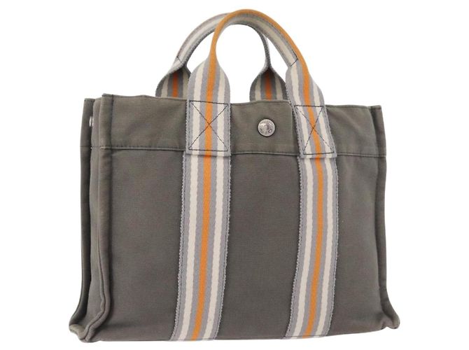 Hermès Bolsa HERMES Fourre Tout PM Canvas Gray Silver Auth gh2302 Marrom Prata