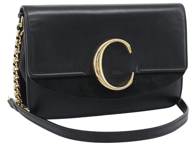 Chloé Bolsa de ombro com corrente Chloe em couro preto e dourado Auth gh2335A