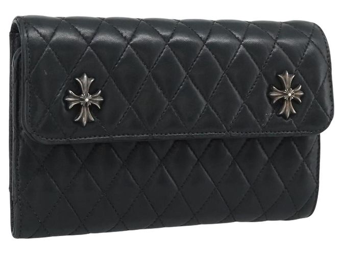 Chrome Hearts Wave4 3-Snap Quilted Long Wallet Leather Black Auth 193427SM Silvery