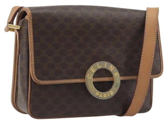 Céline Bolsa de Ombro Circular CELINE Macadam Canvas PVC Couro Marrom Dourado Auth 194756