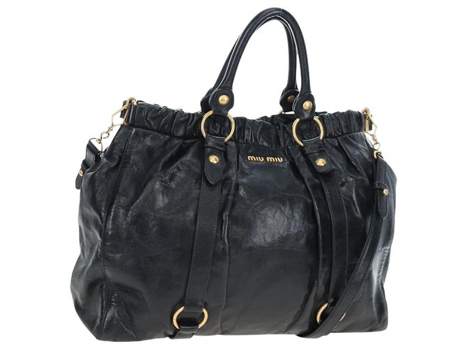 Bolsa de mão Miu Miu em couro 2way Preta Dourada Auth am12097SAV Preto Dourado
