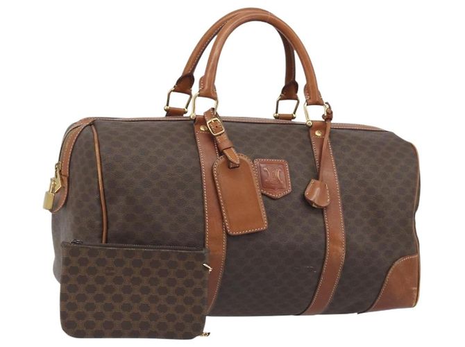 Céline Bolsa Boston CELINE Macadam PVC Couro Marrom Tom Dourado Auth ep15333