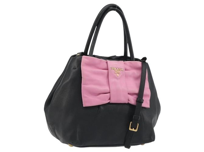 Bolsa de Mão PRADA Ribbon em Couro 2way Preta Dourada Auth 193358A Preto Dourado