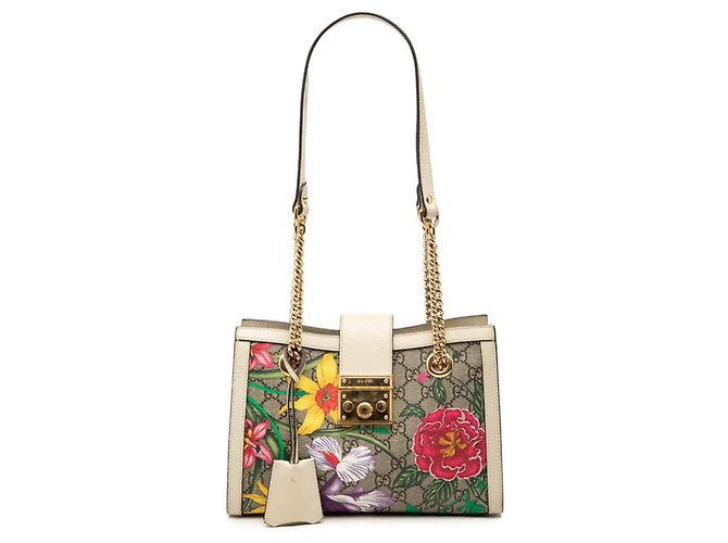 Padlock Saco Tote Gucci GG Supreme Flora com cadeado e corrente Multicor Bege
