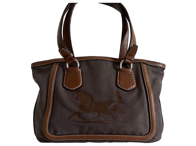 Céline Sac cabas Celine en toile marron et cuir marron