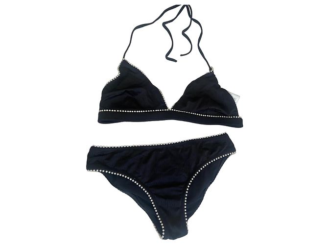 Timeless Schwarzes Bikini-Set mit Perlenbesatz Chanel Unterteil 36 Oberteil 44