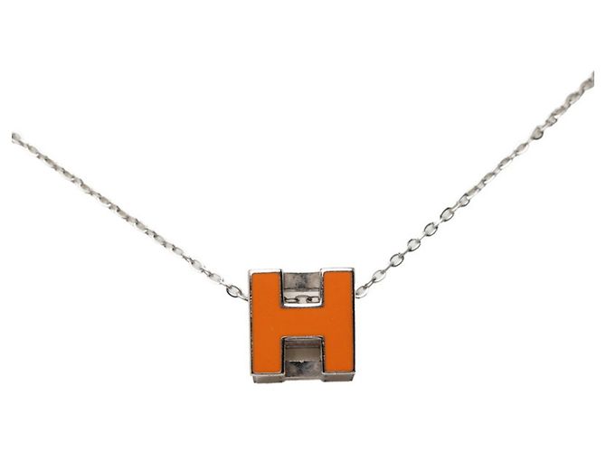 Hermès Hermes Cage d'H H-Cube Pendant Necklace Silvery Orange 