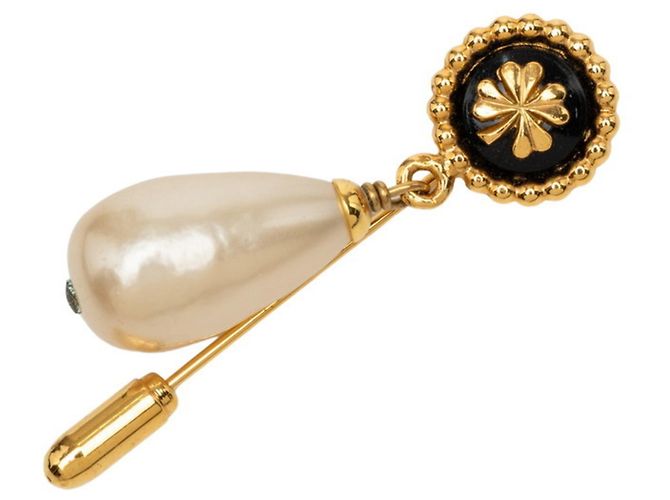 Chanel Anstecknadel mit Kleemotiv Schwarz Golden