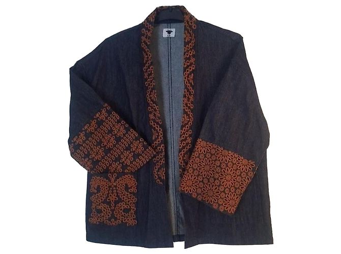 Chaqueta Kimono de Denim Bordada Christian Dior Castaño Azul