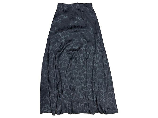 Gonna maxi Chanel in broccato floreale di seta nera Nero