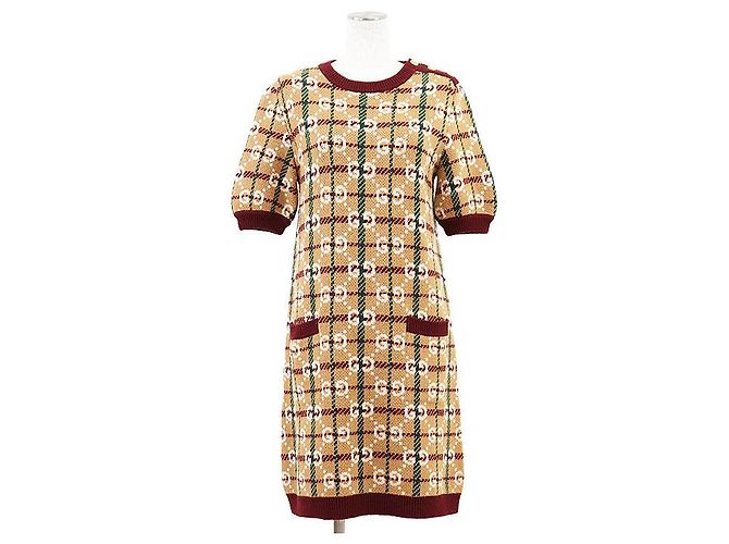 Gucci GG Supreme 100% Wool Kleid Braun Bordeaux Kamel