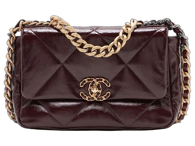 Borsa Chanel 19 Flap Bag Medium in pelle lucida Marrone Bordò Cioccolato Marrone scuro