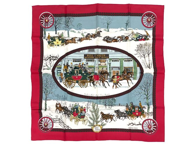 Hermès Hermes Carre 90 L’Hiver en Poste Scarf Muffler Red Multiple colors