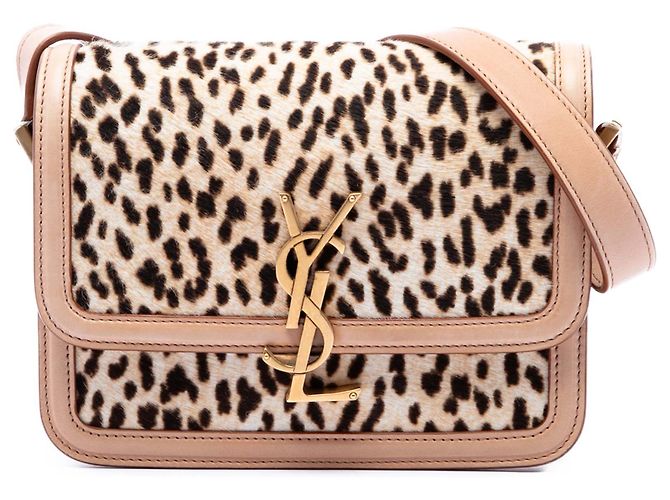 Bolsa Solferino Saint Laurent Small em couro de bezerro bege com estampa de leopardo com caixa