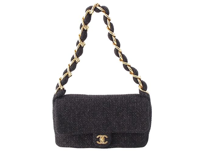 Chanel Black CC Quilted Tweed Single Flap Nero