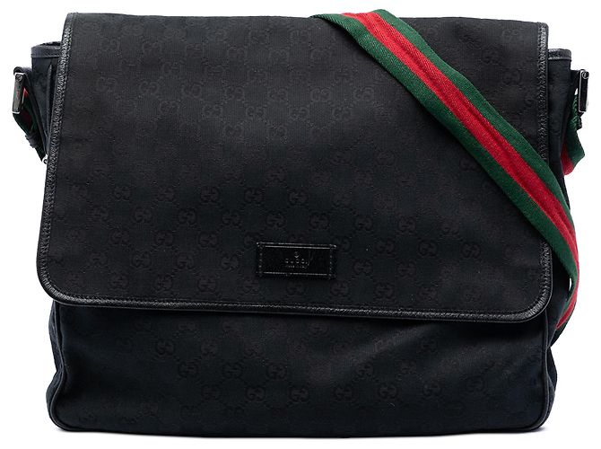 Bolsa Messenger com aba Gucci em lona GG preta com faixa Web Preto