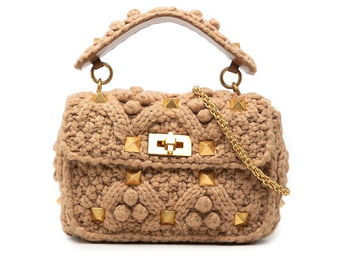 Bolso Satchel Roman Stud de punto beige tamaño Medium Valentino