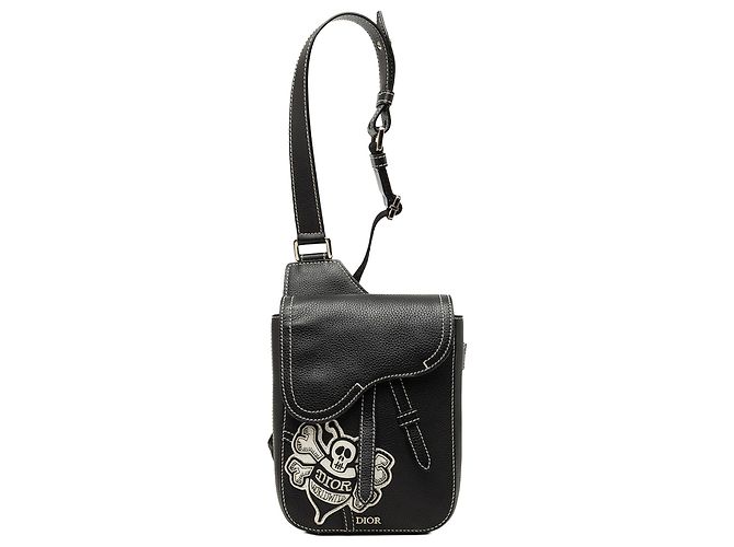Dior Black Stussy Bee Applique Calfskin Saddle Crossbody Noir
