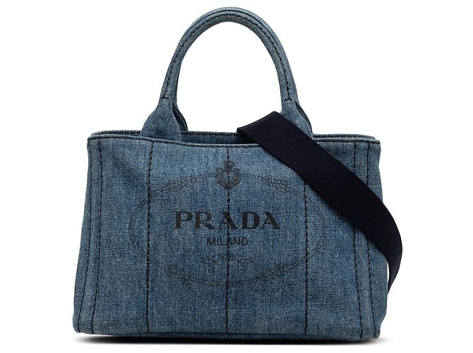 Sac Tote Prada Blue Small Denim Canapa Logo Bleu
