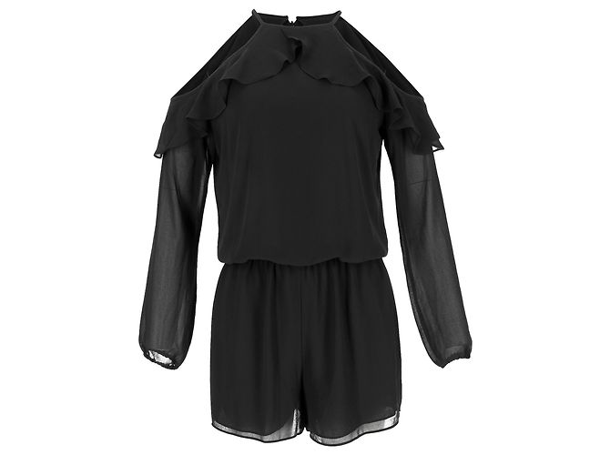 Michael Kors Jumpsuit mit Cold-Shoulder und Rüschen aus schwarzem Polyester