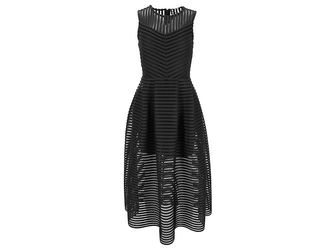 Maje Rire Mesh-Streifen-Midikleid aus schwarzem Polyester