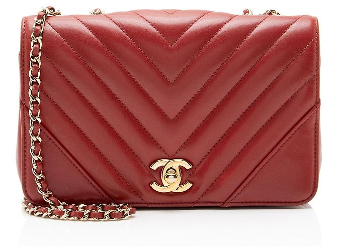 Gabrielle Bolso Mini Flap Statement de piel de becerro Chevron Chanel Roja