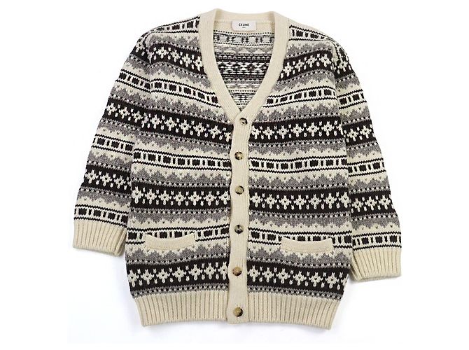 Céline CELINE Shetland Logo Button Nordic Pattern Wool Knit Multicor