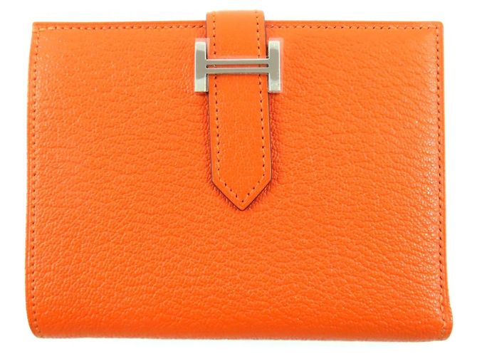 Hermès BEAN Compact Leather Bifold Wallet Orange