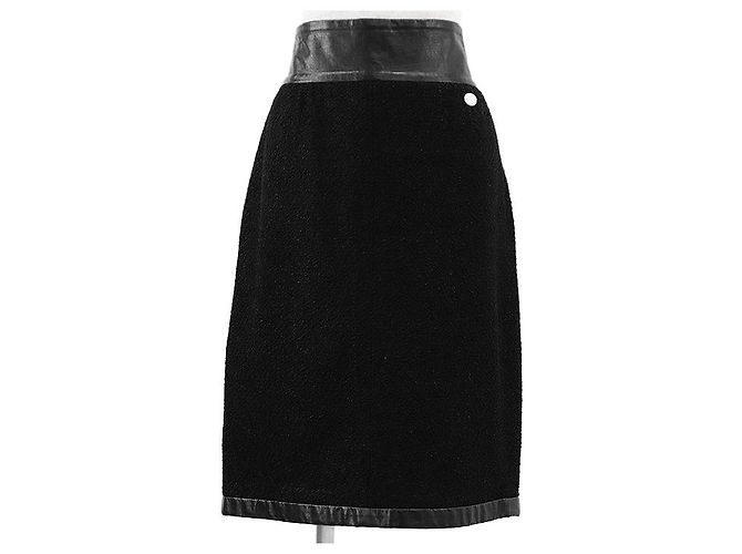 Gonna Chanel in misto tweed, cotone, seta e pelle di vitello Nero