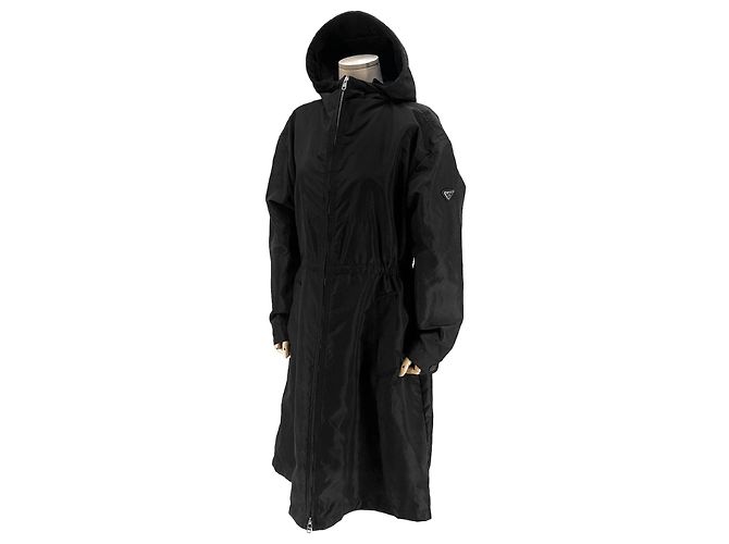 Prada Nylon Triangle Logo Long Windbreaker Raincoat Jacket Black