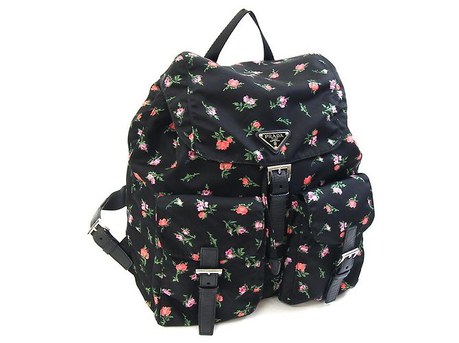 Prada Floral Pattern Backpack Black Pink White