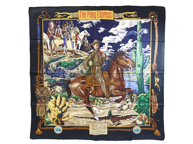 Hermès Lenço Hermes - The Pony Express Preto Multicor