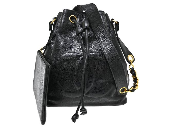 Chanel Vintage CC Drawstring Chain Leather Small Noir