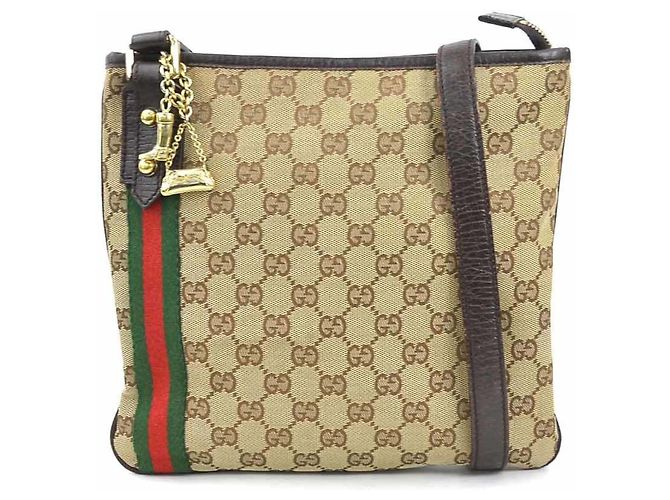 Bolsa de Ombro Gucci em Lona GG e Couro Marrom Bege