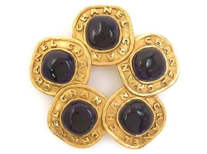 Broche Chanel Dourada e Azul Marinho Dourado