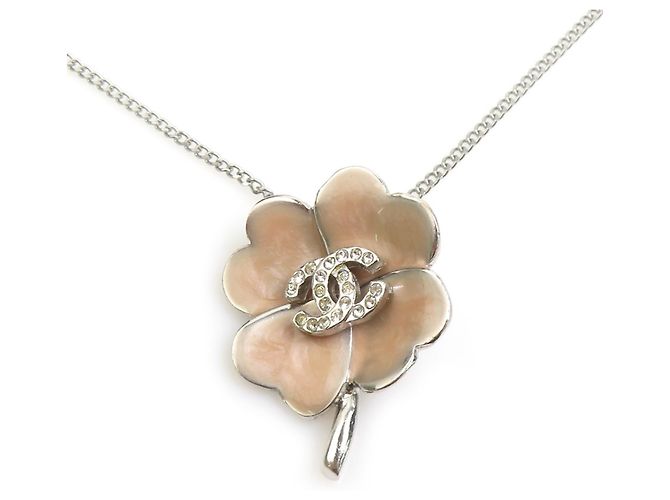 Chanel Coco Mark Clover Necklace Silvery Pink Beige