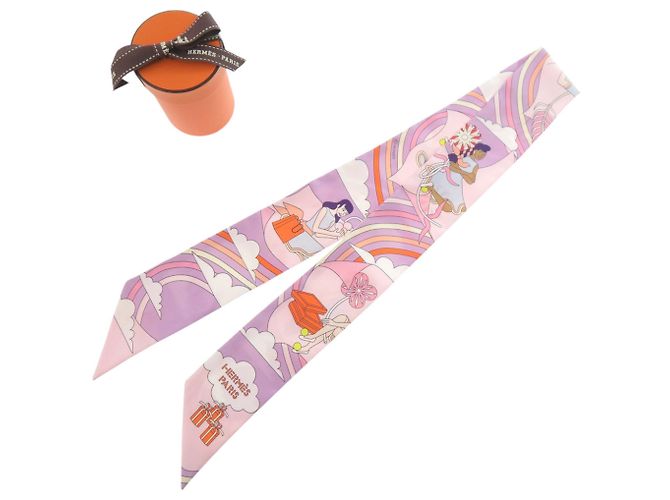 Hermès Lenço de seda Hermes Twilly CRRRES VOLANTS Rosa Laranja Roxo