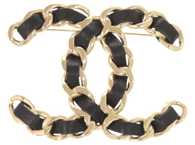 Broche Chanel Coco Mark com motivo de corrente Preto Dourado