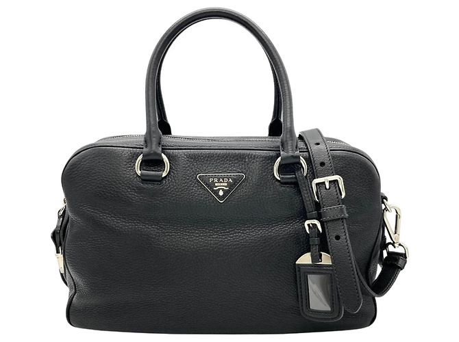 Borsa Prada PRADA Logo Borsa Boston Mini in pelle nera 2 vie da donna Nero