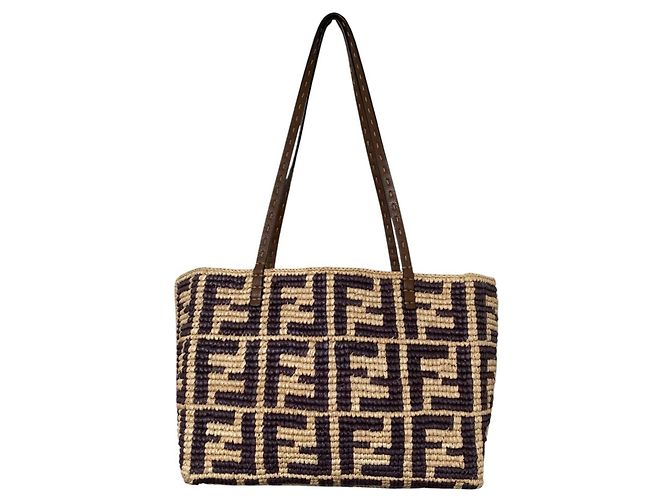 Fendi Roll Small Raffia Tote Bag Braun