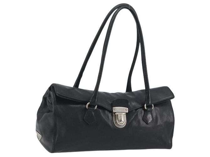 Bolso de hombro PRADA de piel negro plata Auth 195224V