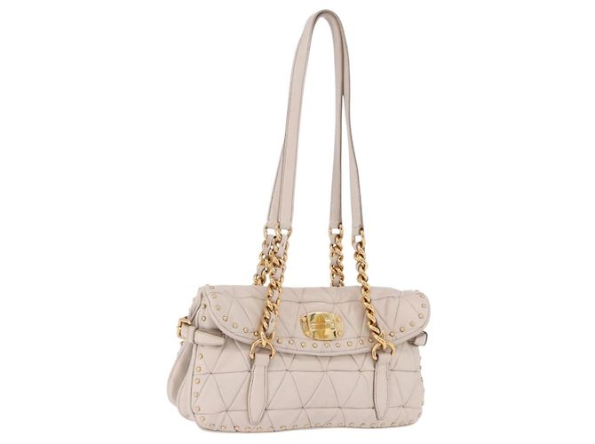 Bolsa de Ombro com Corrente Miu Miu Couro Bege Tom Dourado Auth 195430A