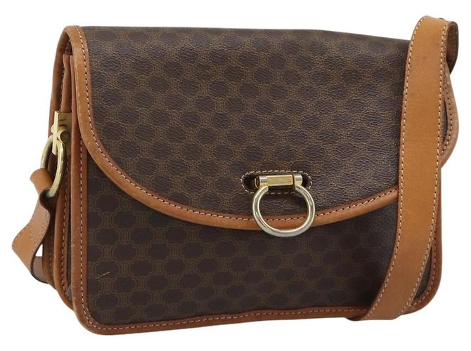 Céline Borsa a Tracolla CELINE Macadam PVC Pelle Marrone Tono Oro Auth 196130