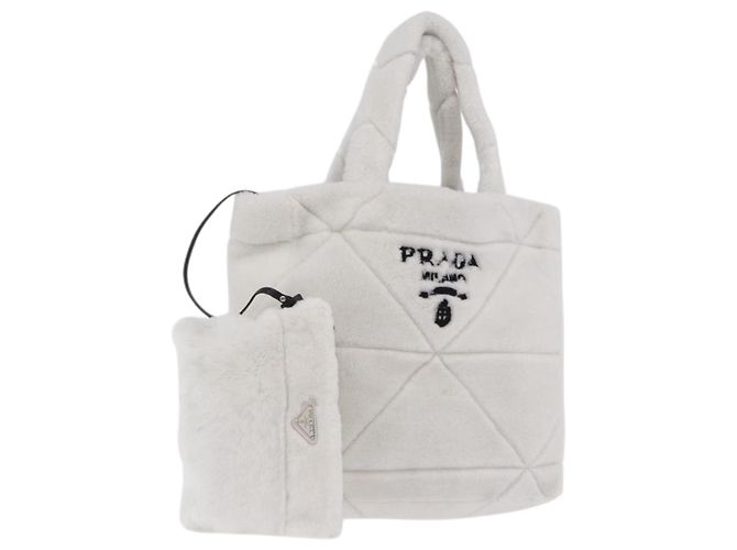 Sac Tote PRADA en fourrure Blanc Argent Auth 197109SAM Argenté