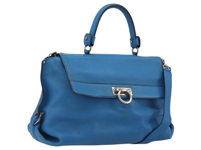 Borsa Salvatore Ferragamo Gancini in pelle 2way Blu Argento Auth 195004
