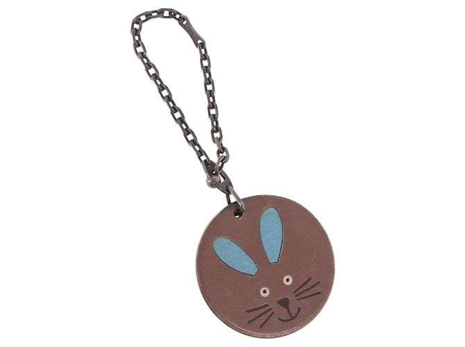 Hermès HERMES Rabbit Key Holder Leather Brown Blue Auth 196489