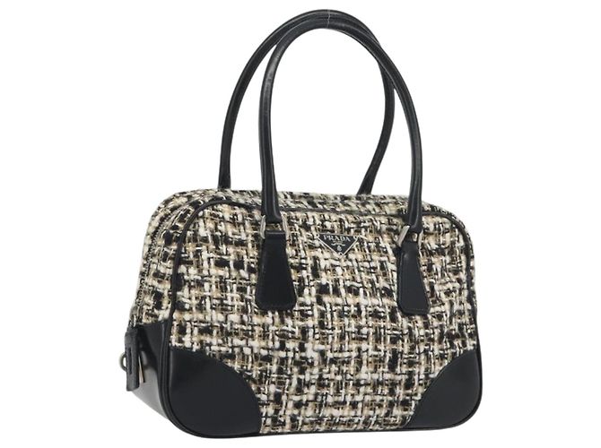Borsa Boston PRADA Tweed Nero Argento Auth 195598V